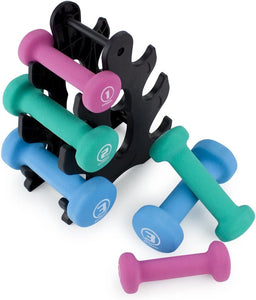 Set of 3 Pairs of Neoprene Body Sculpting Hand Weights with Stand by