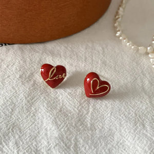 Drop Glaze Love Heart Stud Earrings for Women French Vintage Simple Elegant Prevent Allergy Wedding Bride Jewelry Gifts