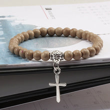 Load image into Gallery viewer, Boho Natural Volcanic Stone Bead Bracelet Cross Charm Pendant - Two-One-Fifth Co.
